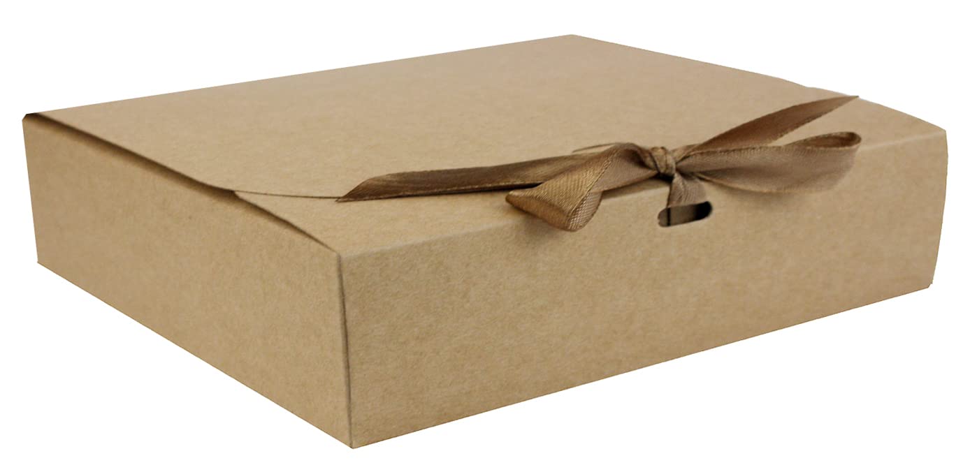 Emartbuy Brown Gift Box with Brown Ribbon – Pack of 12 – Size 3 (24 x 19.5 x 7 cm) – Ideal for Gift Packaging, Hampers, Events, Small Business
