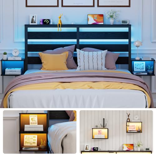 FURRIFIC Cama Matrimonial con 2 Mesitas de Noche Flotantes, Base Matrimonial con Cabecera Almacenamiento, Marco con Luces LED RGB, Estación de Carga, Amplio Espacio Inferior, Estructura de Cama Negra