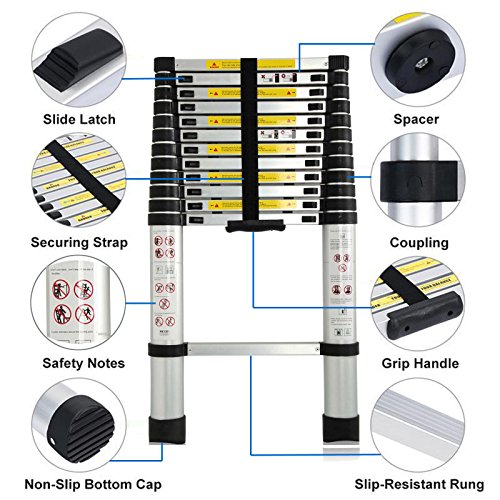 DICN Multipurpose Folding Ladder Aluminum 12.5FT 3.8M Extension Ladders 330lb Max Load for DIY Builder Work Decoration Indoor Outdoor Easy to Store