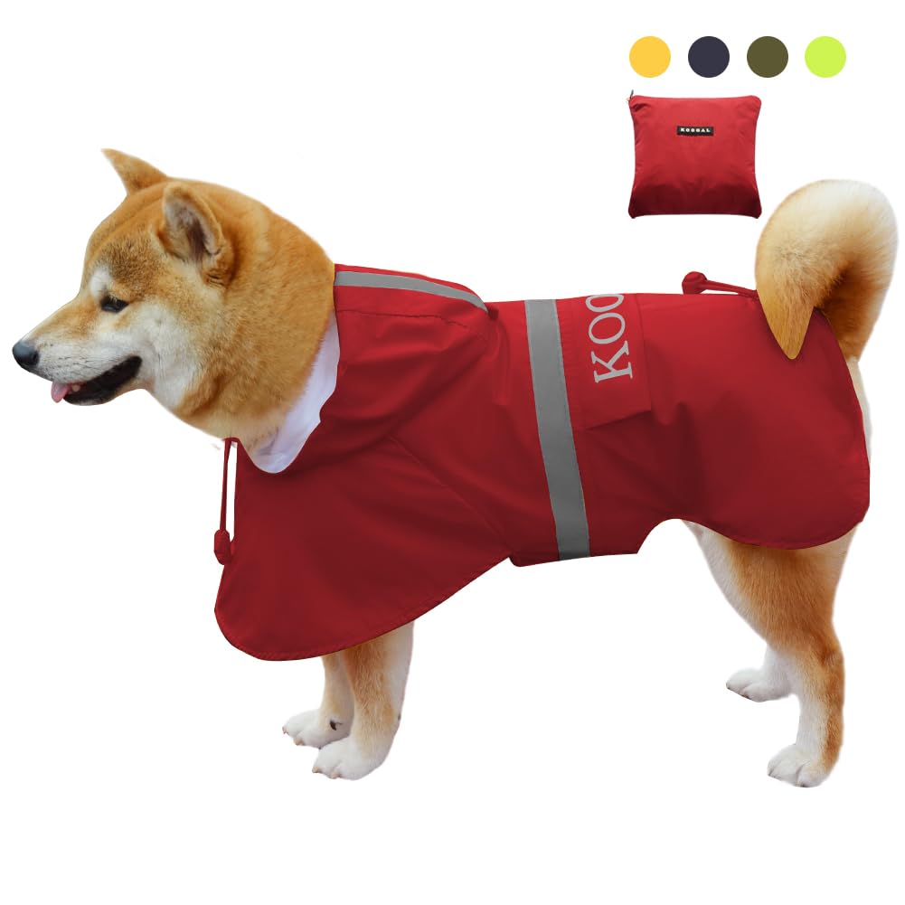 KOOGAL Waterproof Dog Raincoat with Hood Reflective Design with Leash Hole, Adjustable Reflective Jacket, Large Dog Rain Poncho, Breathable and Lightweight for Beagles, City Walks (Red, 2XL)