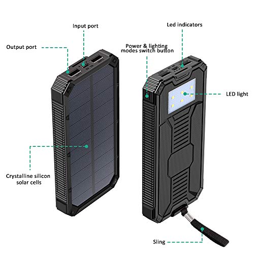 Solar Charger, STOON 15000mAh Solar Power Bank Phone Charger with Dual USB Ports for iPhone, iPad, Galaxy and More, Portable External Battery Pack with 6 LED Lights for Outdoor Camping Travelling
