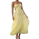 OBEEII Women Summer Cutout Long Dress Spaghetti Straps Tiered Ruched Boho Cami Dress Flowy Tie Back Beach Party Sundress