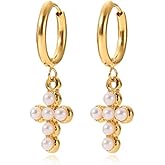 Pearl Cross Earrings for Women, Dainty Gold Huggie Hoop Cross Earrings, Fashion Jewelry Accessories for Holiday Outfits