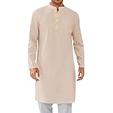 Runcati Mens Kaftan Thobe Button Down Casual Henley Shirts Long Sleeve Robe Cotton Linen Muslim Gown Shirt