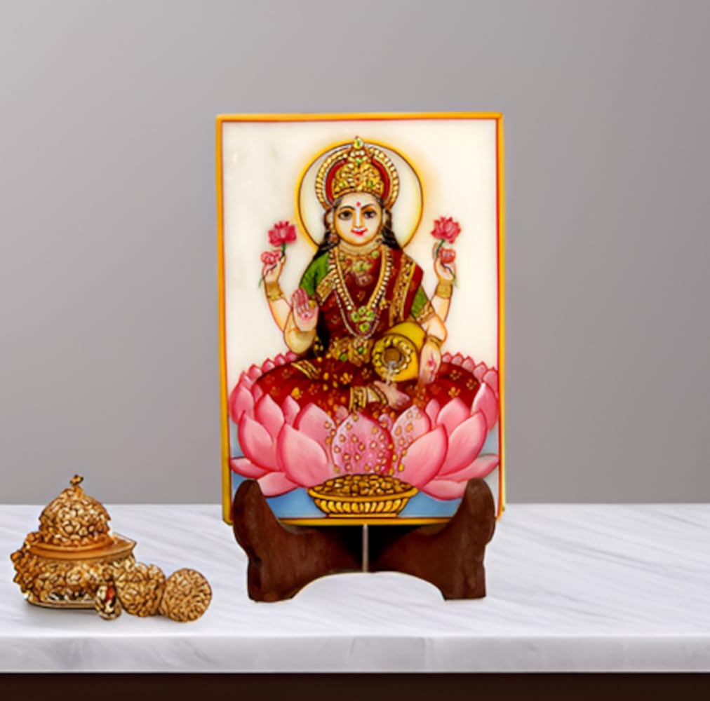 Purpledip Marble Painting Lakshmi: Hand Painted Tile with Gold Work, 6x4 Inches (12090)
