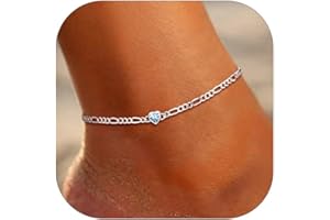 U7 SILVERCUTE Sterling Silver Anklets for Women, Large Heart/Round Birthstone Ankle Bracelet with Figaro Chain, Waterproof Summer Beach Foot Jewelry Length 8.5"-10.5"