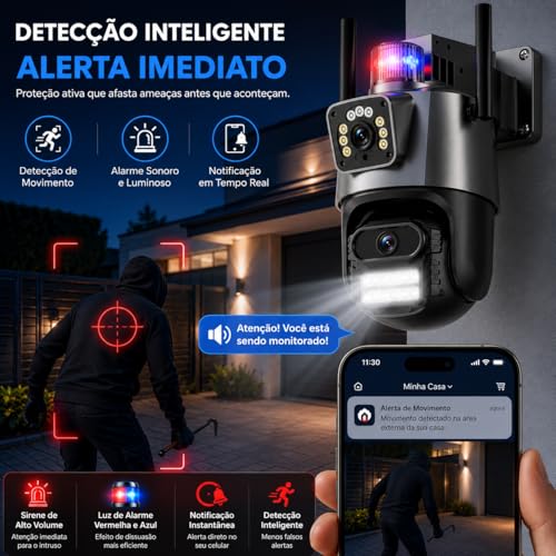 Câmera de Segurança Externa Dupla Wi-Fi 6MP com Duas Lentes, Visão Noturna, Sirene, Detecção de Movimento, Áudio Bidirecional, Rotação 355°/90° e Proteção IP66