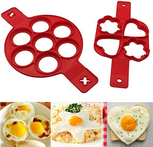Pancake Maker,2 PCS Silicone Pancake Mould Microwave Baking Mould Egg Poacher Nonstick Pancake Flipper Egg Ring for Muffins Eggs Cupcake Pastry Heart&Round&Star Shape