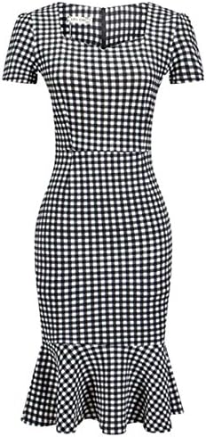 Betusline Women's Fashion Short Sleeve Dress Pencil Plaids Mermaid Dress