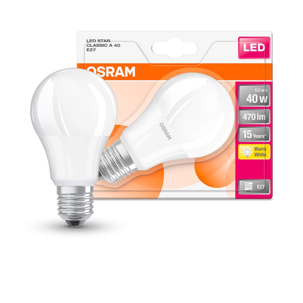 OSRAM LED Star Classic A/LED lamp, Classic Bulb Shape, with Screw Base: E27, 5 W, 220…240 V, 40 W Replacement, Frosted, 2700 K, 1pack
