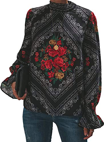 Dearlovers Women's Turtleneck Floral Printed Long Sleeve Loose Casual Blouse Tops