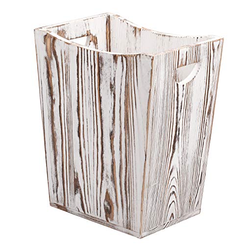 Nandae Wood Square Wastebasket Trash Can Farmhouse Style Recycle Bin for Bedroom, Living Room, Bathroom, Kitchen, Office (Brown White)