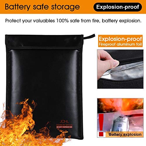 JCHL Fireproof Documents Bag Fire Water Resistant Bag 15"x11" Fireproof Bag Safe Storage for Money Documents Jewelry LiPo Battery Passport No-Itch Silicone Coated Fiberglass (New Upgraded) Black