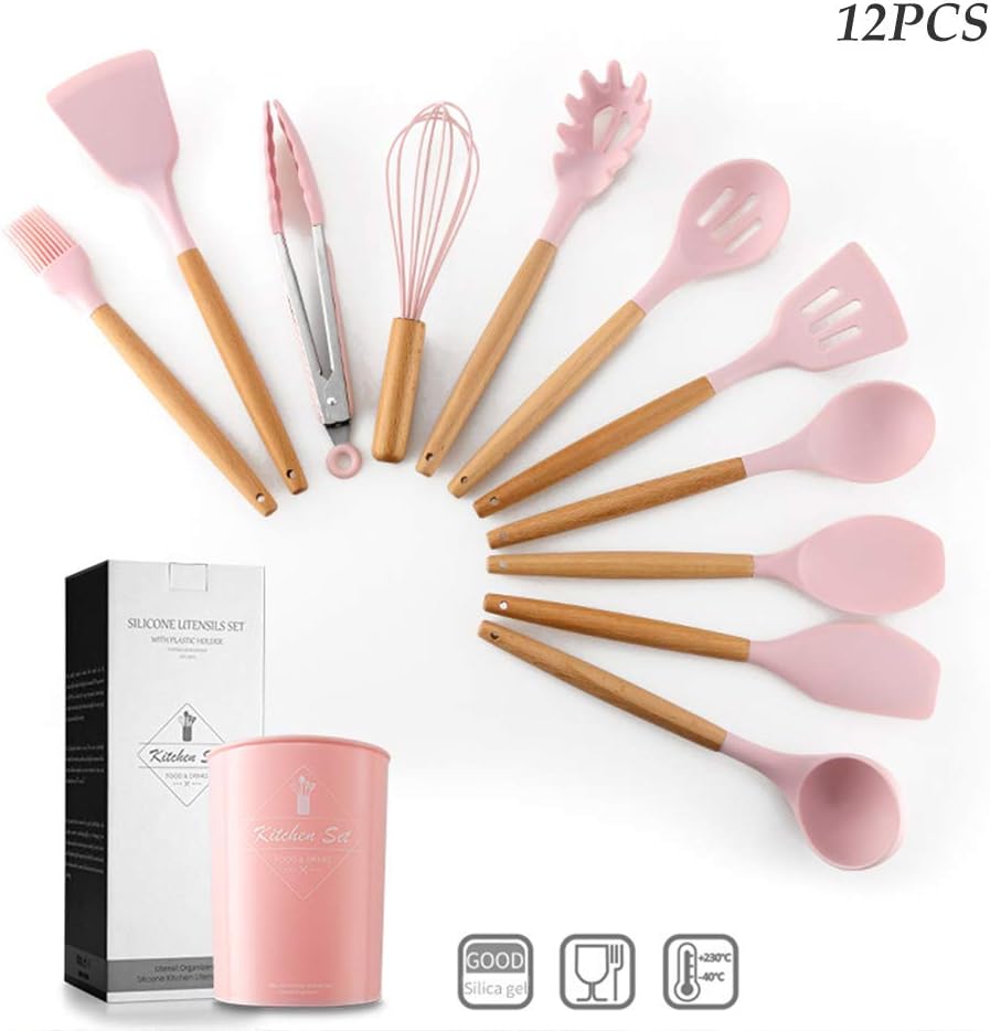 Ooscy Kitchen Utensils Made of Silicone and Wood, 11 Pieces Kitchen Utensil Silicone Kitchen Helper Set with Wooden Handles Spatula Utensil Set to Clean/BPA Free Soup Spoon, Spatula, Whisk