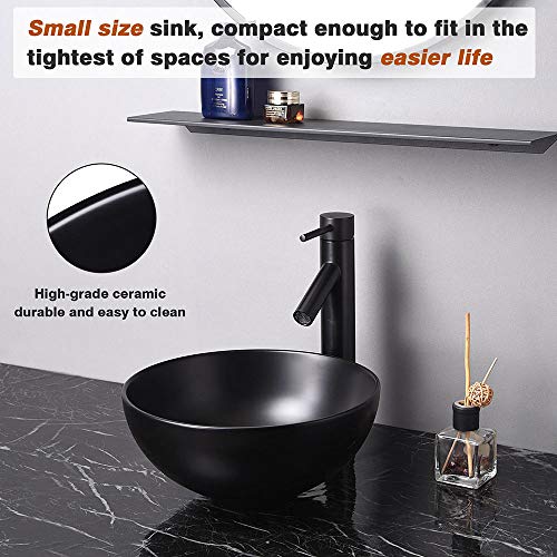Aquaterior 12" Mini Bathroom Round Bowl Vessel Sink Countertop Porcelain Ceramic Basin with Pop up Drain Black