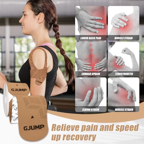GJUMP Kinesiology Tape, 40 Count Precut Strips 2 Rolls Original Cotton Tape | Elastic Athletic Tape for Muscle Strain Relief & Joint Support, Latex Free Kinetic Tape, Waterproof & Breathable Sports Tape