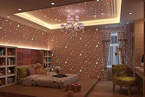 Amazon Ylcj 壁紙 グロー効果 夜空デザイン 星と月 夜光 環境 壁紙 子供用 天井装飾 蛍光壁紙 子供部屋 ピンク 壁紙