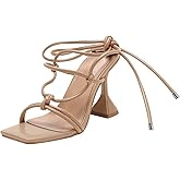 Coutgo Women's Lace Up Heels Gladiator Square Open Toe Dressy Stilettos Strappy Comfortable Summer Party Shoes