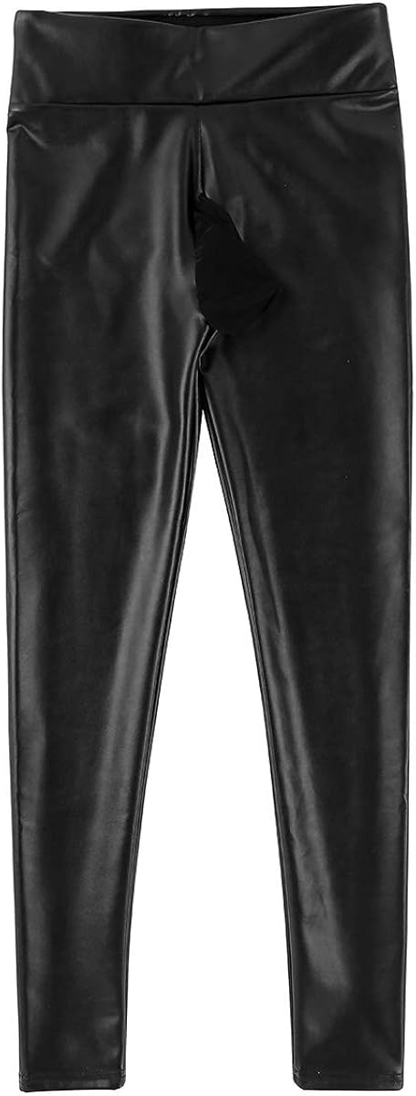 Agoky Mens PU Leather Bulge Pouch Leggings Muscle Tights Long Pants Trouser: Clothing