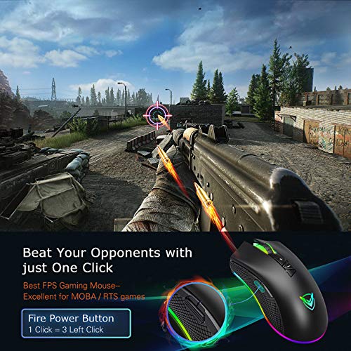 PICTEK RGB Gaming Mouse Wired - 10,000 DPI Adjustable - 8 Programmable Buttons - 7 Chroma Lighting Modes - Ergonomic USB Mice - PMW3325 with Fire Button - Laptop/PC with Long Braided Cord (Matt Black)