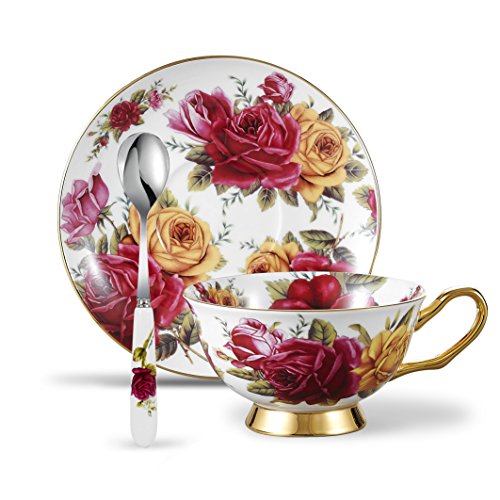 Panbado 3 Piece Bone China Coffee Tea Cup and Saucer Set with Spoon, 6.8 oz/200 ml, Yellow and Red Rose - Thumbnail 7