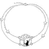 Fenthring Cat Anklet 925 Sterling Silver Cat Ankle Bracelets for Women Tree of Life Anklet for Halloween Cats Lovers Gifts Adjustable Jewelry