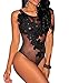 Cfanny Women's One Piece Swimsuit Floral Applique Sheer Mesh Bathing Suits Bodysuit Clubwear Top,Black,Large