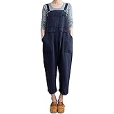 Women's Baggy Linen Overalls Jumpsuit Loose Rompers Wide Leg Casual Pants with Pockets