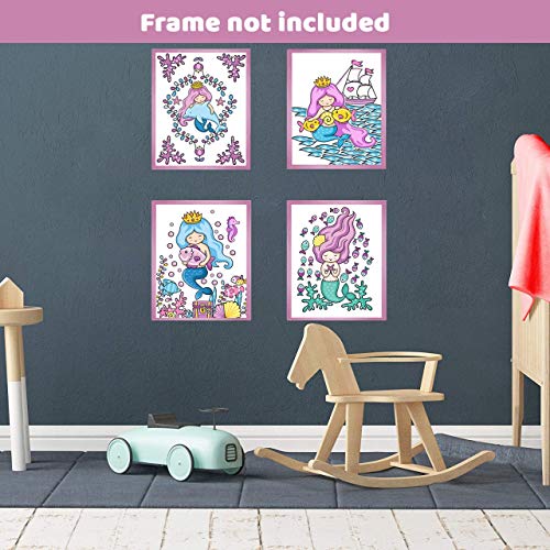 Mermaid Wall Decor, Glow in The Dark 4 Posters for Girls Bedroom,Glowing Pictures, Birthday Gift for for Little Kids Nursery, Toddlers, Room Decoration.