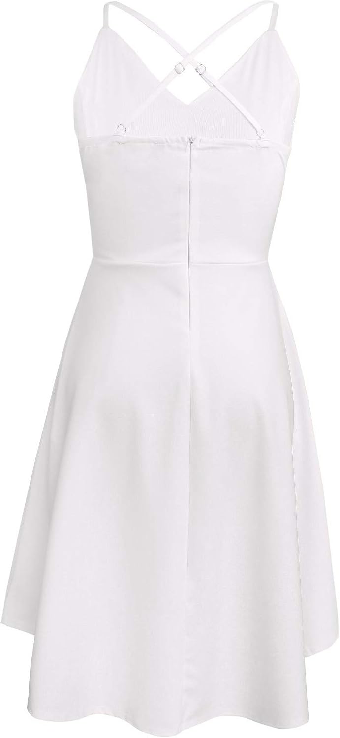 FANCYINN Women High-Low Hem Dress Spaghetti Straps Deep V Neck Floral Backless A Line Skater Cocktail Dresses with Pockets: Clothing