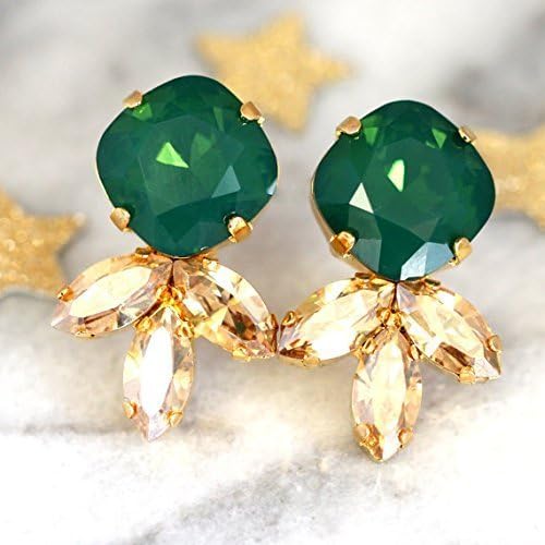 Bridal Gold Emerald and Champagne Cluster Stud Earrings, Swarovski Crystal Bridesmaids Gifts, Handmade Wedding Jewelry
