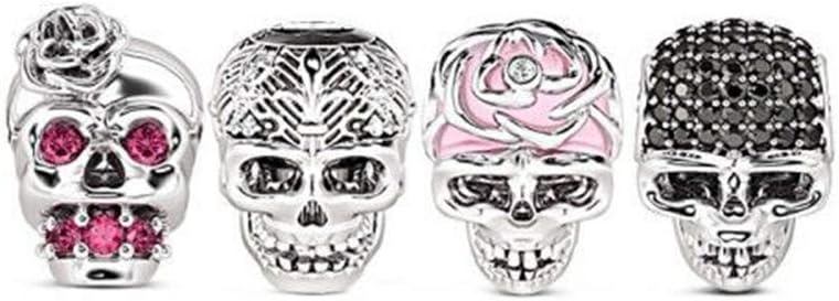 GNOCE[4 Pack Adorable Skull Charm Set Sterling Silver Combination Charm Bead with Cubic Zirconia Fit Bracelet/Necklace Halloween Jewelry Gift for Women Mens