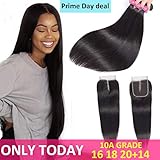 Brazilian Straight Human Hair Bundles With Closure 10A Unprocessed Straight Hair 3 Bundles with Middle Part Lace Closure B-Fashion Remy Human Hair Extensions (16 18 20 and 14 Closure)
