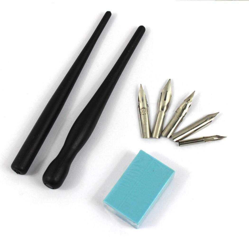 Hillento Manga Cartoon Comic Dip Pen Set, Drawing Painting Kit Tool, Two Black Pen Holders Handles, Five Nibs, A Piece of Drawing Eraser