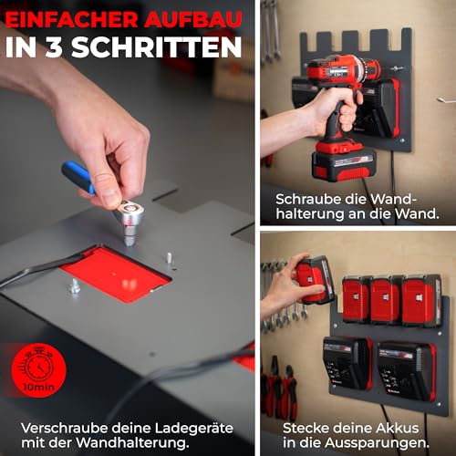 Wandfest Wall Mount for Einhell Batteries and Chargers, The Original, Glossy and Matt Side, Made in Austria, Robust Einhell Battery Holder for 1–4 Batteries