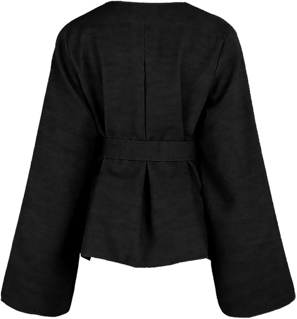 Wenini Women Fashion Open Front Blazer Belted Batwing Sleeve Woollen Trench Coats Cloaks