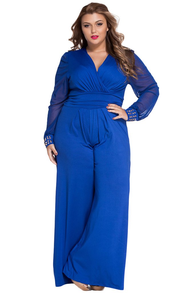 Womens Plus Size Jumpsuits Long Sleeve V-Neck Casual Style Set