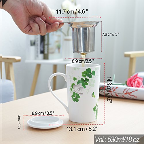 TEANAGOO M58-4 Tea Mug with Infuser and Lid, 18 OZ, Lucky Clover, Travel Teaware with Filter, Tea Cup Steeper Maker, Brewing Strainer for Loose Leaf Tea,Diffuser mug set for Tea Lover Gift