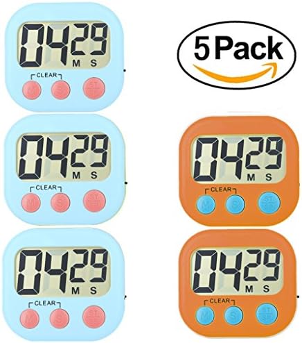Kitchen Timer 5 Pack Small Digital Electronic Loud Alarm, Magnetic Backing, ON/OFF Switch, Minute Second Countdown, White, Green, Blue and Orange