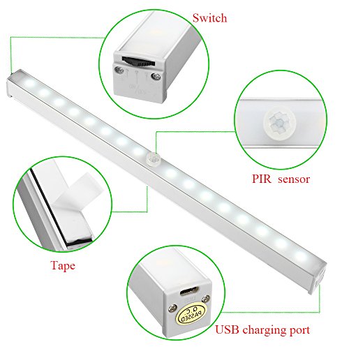 Closet Light, SOLMORE Wireless Under Cabinet Lights, Motion Sensor 32LED Night Light Bar USB Rechargeable Safe Lights Dual Colors White and Warm White for Wardrobe Stairway Hallway Emergency Garage - Thumbnail 5