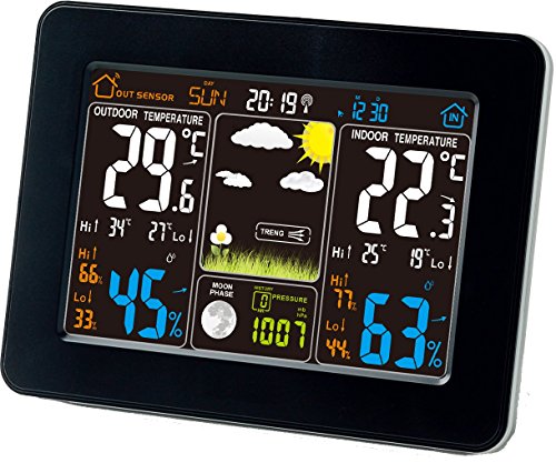 Atomic Wireless Weather Station with Indoor / Outdoor Wireless Sensor â€“ TG645 Color Display Weather Station Alarm Clock With Temperature Alerts, Forecasting by Think Gizmos.