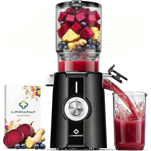 LINKChef Fruit and Vegetable Juicer, Slow Juicer 200 W with Large Opening 115 mm for Whole Fruits, Compact Juice Machine, BPA-Free, Easy to Install and Clean, with 2 Glasses