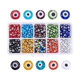 PH PandaHall 1 Box (About 700pcs) 10 Color 6x3mm Flat Round Evil Eye Lampwork Beads Handmade Beads Assortment Lot for Jewelry Making