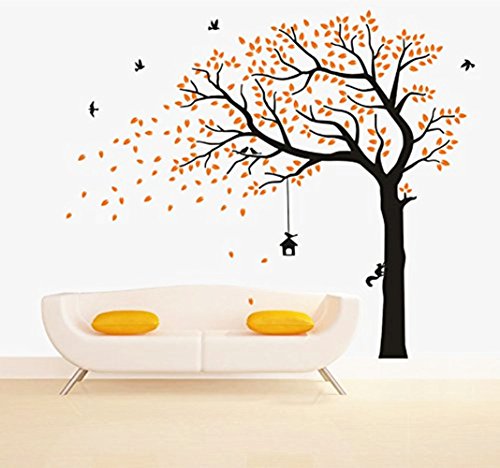 Large Family Tree Wall Decal Wallpaper Wall Mural Removable Tree Wall Decor Peel and Stick Vinyl Wall Stickers for Living Room Bedroom(Yellow+Black)