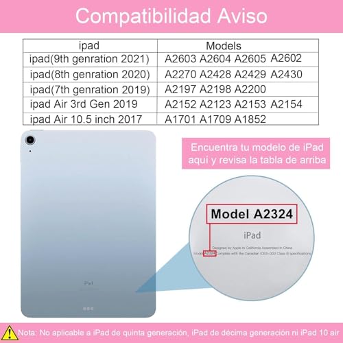 Funda con Teclado de Español(Incluye Ñ) para iPad 10.2 7a 8a 9a Genaración y iPad Air 3/Pro 10.5 Inalámbrico Teclado Bluetooth Magnético Desmontable,ratón Bluetooth-Rosa(Ver Imagen Principal 2)