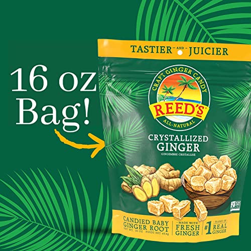 REED’S ALL NATURAL CRYSTALLIZED GINGER NUGGETS IN A 16 OZ RESEALABLE BAG – BABY GINGER ROOT FRUIT SLICES SWEETENED WITH RAW CANE SUGAR CRYSTALS – HIGH ENERGY GINGER CANDIES FOR SNACKING – 12 PACK
