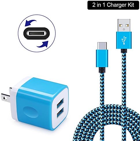 Dual USB Charging Block, Charger Brick, HUHUTA 2.1A Fast Charger Plug Adapter with Nylon Braided Type C Charging Cable Cords for Samsung Galaxy Note 8 S8 S9 Plus, LG G5 G6 V30, Nexus 5X/6P