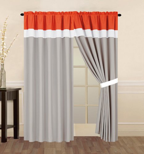 4 Piece Coral Orange, Beige and White Curtain set with attached Valance and Sheers