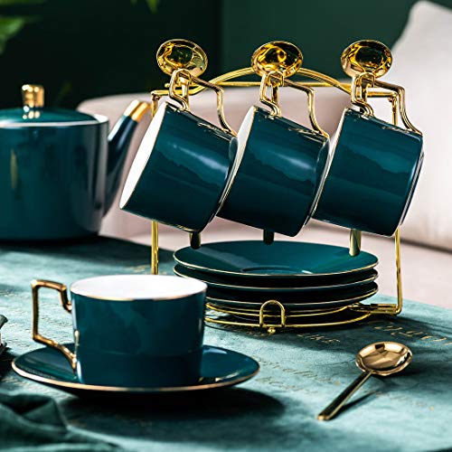 YOLIFE Cup Saucer Set Porcelain Tea Cup Set, Coffee Cup Saucer Set 8 oz China Tea Cup with Display Stand (Green Pack of 6) - Thumbnail 6