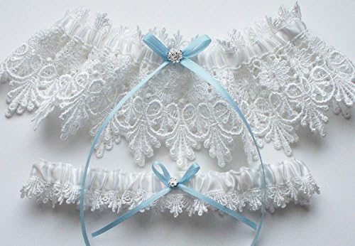Wedding Garter Set in White Lace with Blue Satin Ribbon Bow and Swarovski Crystal Centering - The ALICIA Garter Set